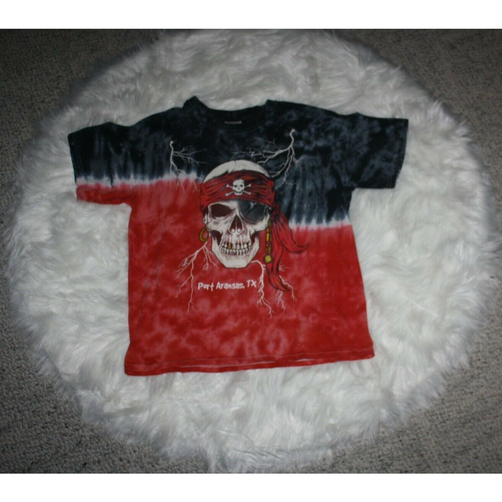 Boy's Tie Die Pirate Tee Port Aransas Texas Red White Blue SS Sz L Gildan